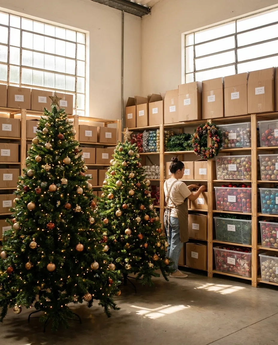 Depósito com árvores de Natal decoradas e caixas de enfeites