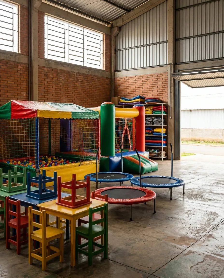 Depósito de brinquedos para festa infantil com inflável e piscina de bolinhas