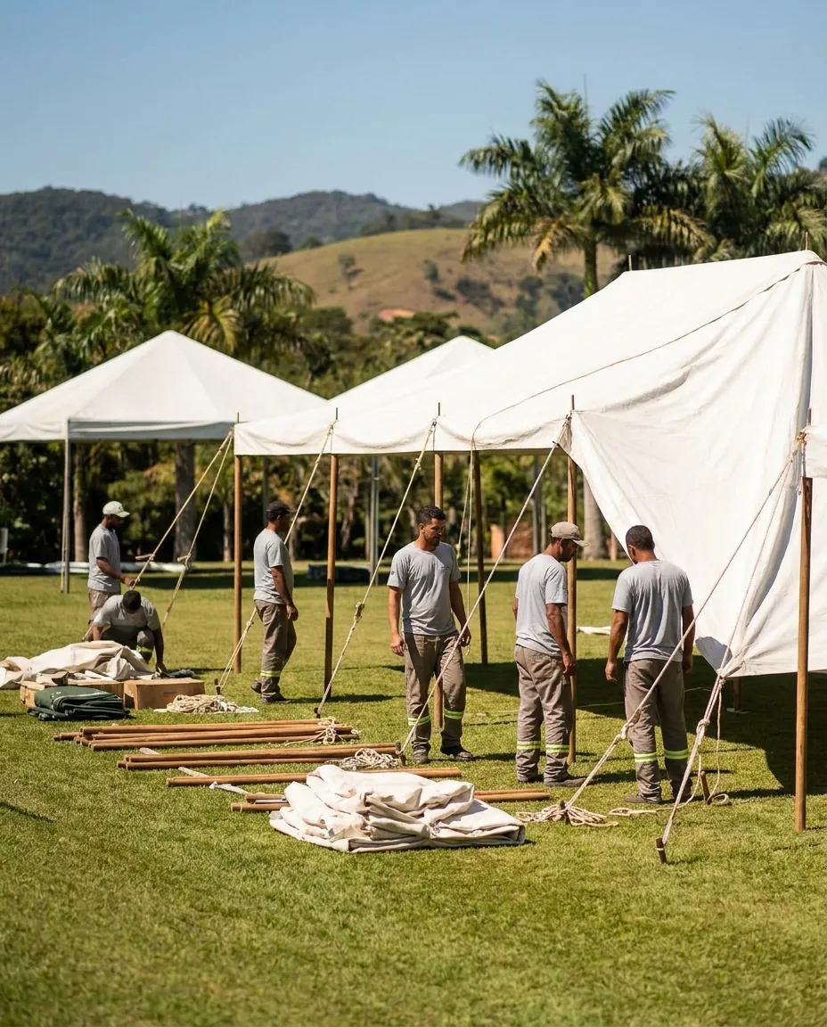 Equipe montando tendas brancas para um evento