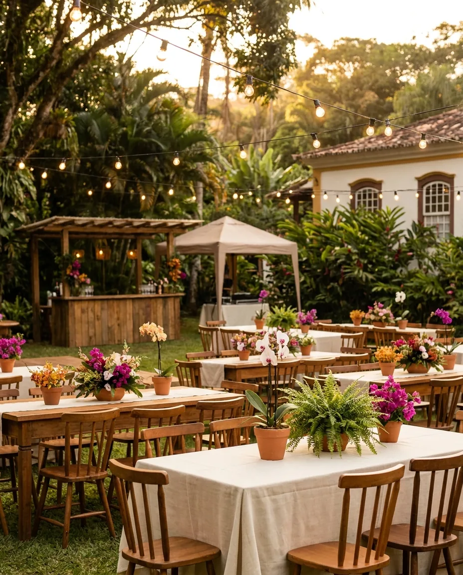 Recepção de casamento montada com mobiliário e decoração de locação