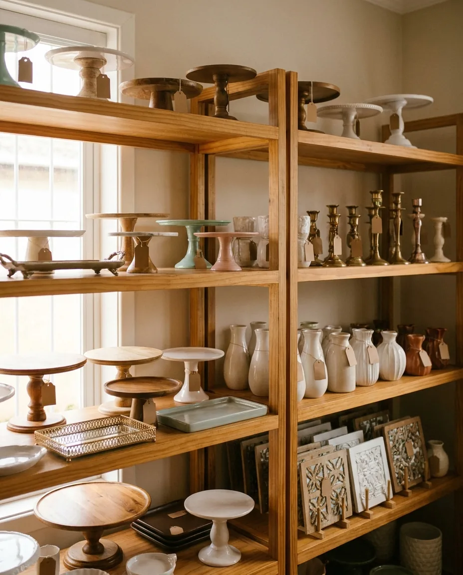 Prateleiras com peças avulsas de decoração para locação