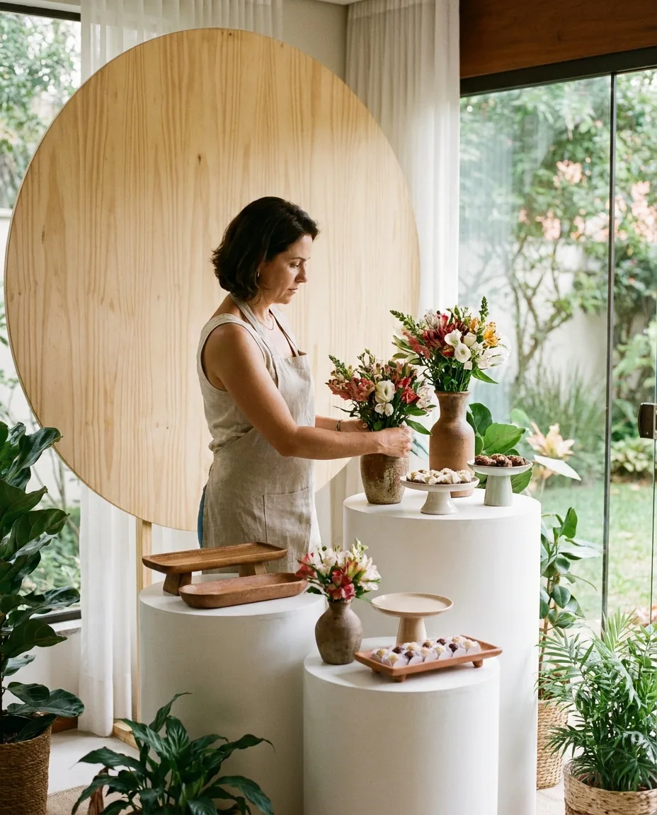 Decoradora montando uma mesa de doces com peças de locação
